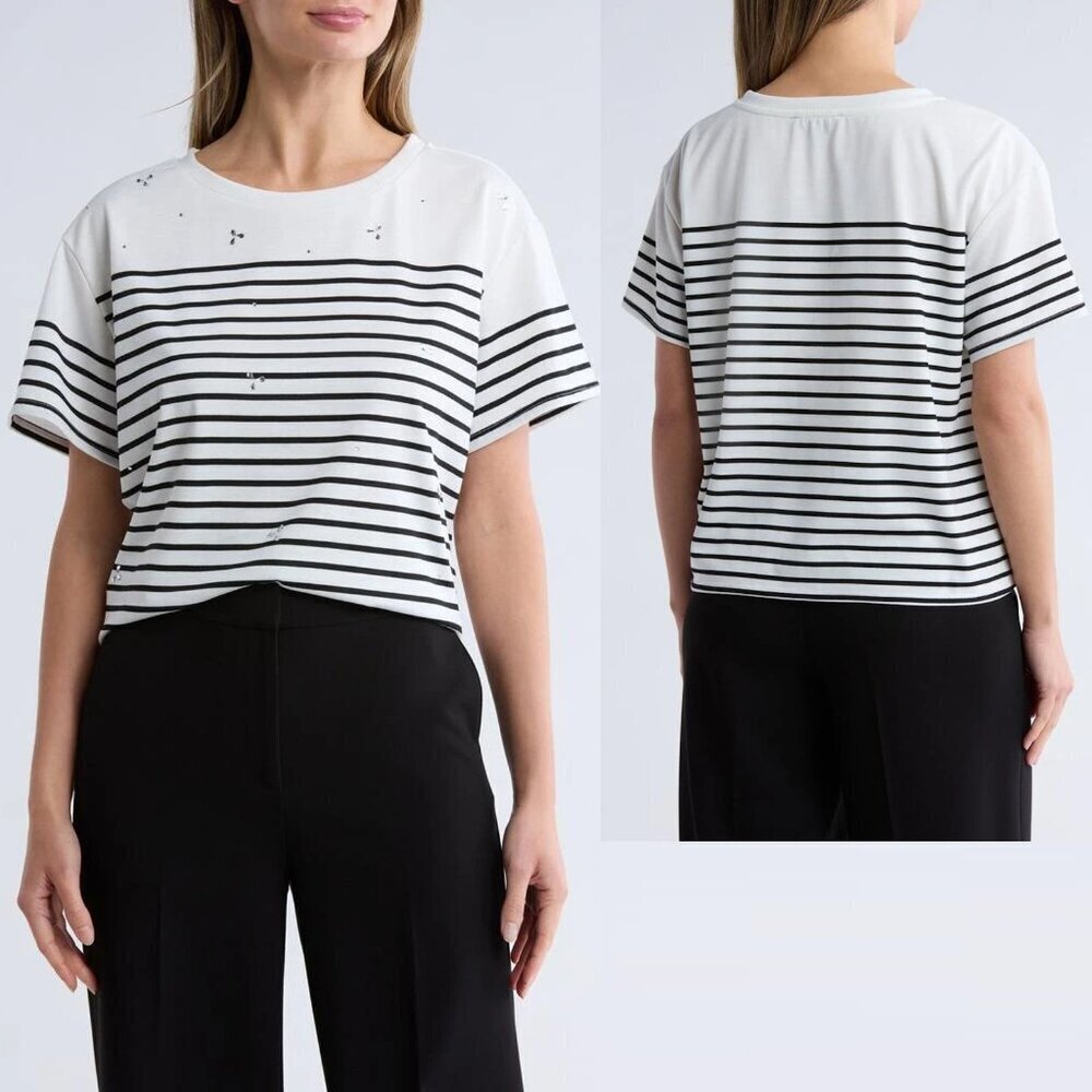 NWT New Adrianna Papell Embellished Stripe T-Shirt Size XL